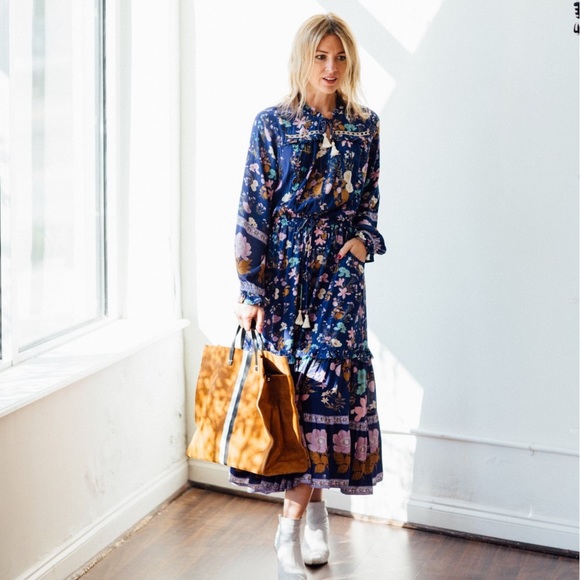 Wild Bloom Gypsy Boho Blue Floral Flowy Midi Dress - Picture 11 of 11